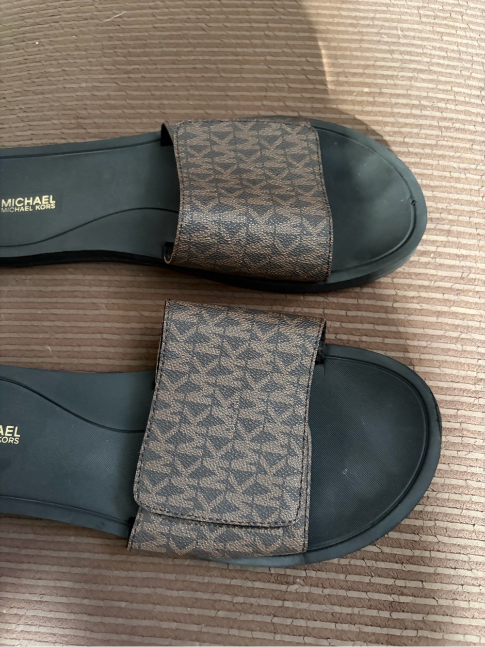 Michael Kors Brown & Black Logo Slide Sandals Womens 11 Velcro Closure